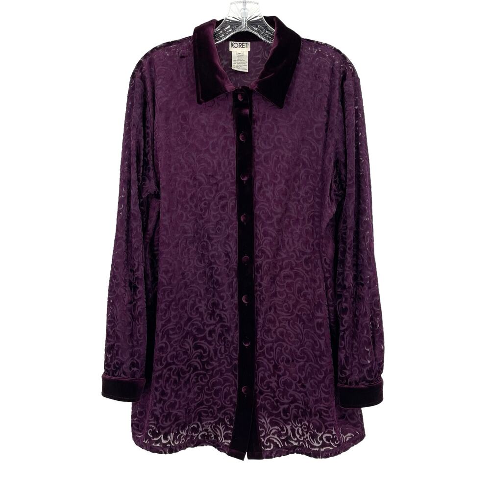 Vintage Koret Purple Sheer Printed Long Sleeve Top Sz XLarge Whimsigoth Dark 90s
